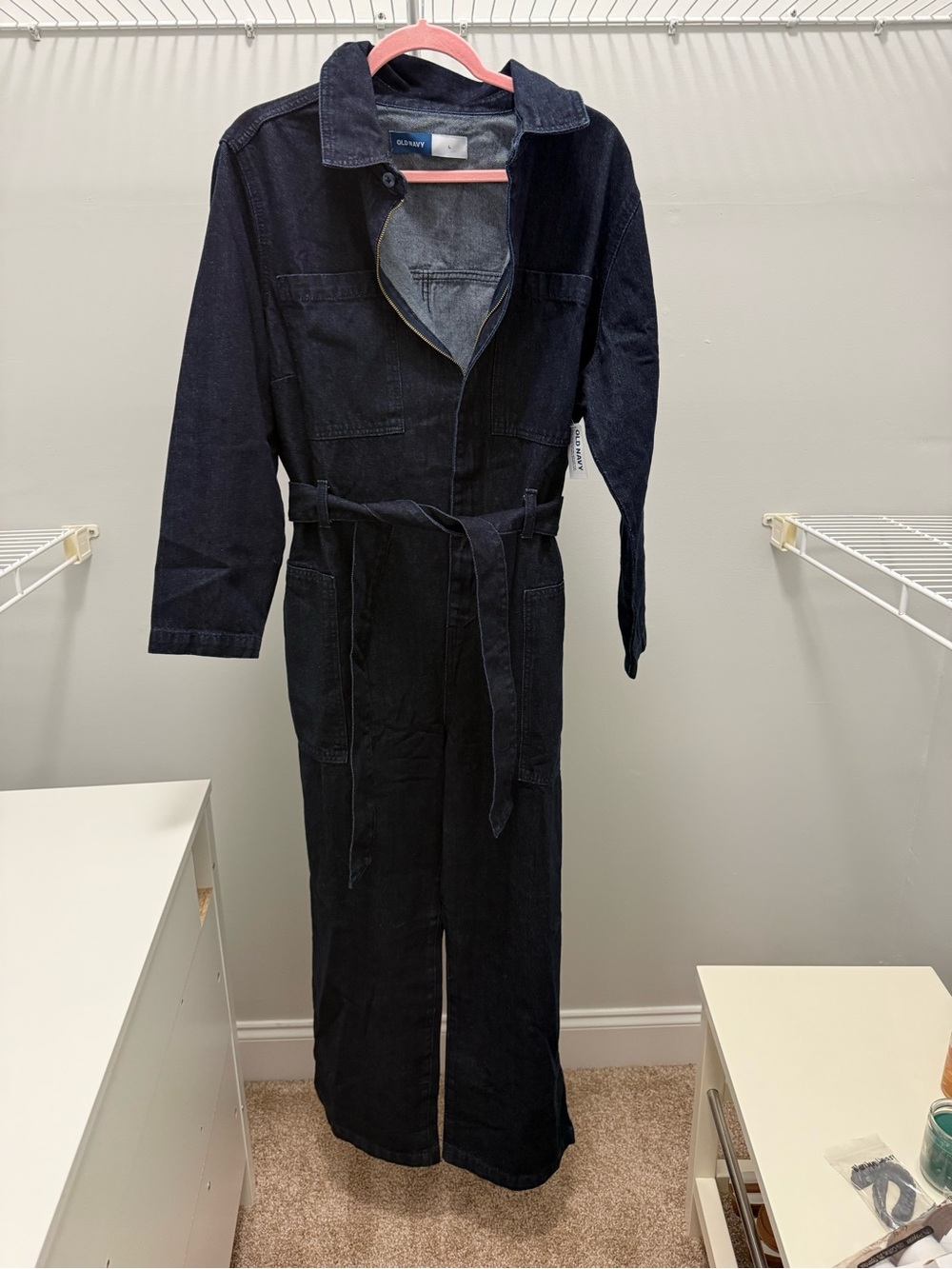 Old Navy Dark Indigo Denim Jumpsuit with Zipper and Tie Waist